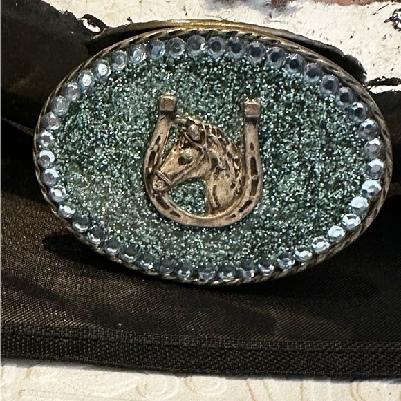 Rubyrudi Artist Western Belt Buckle Hand Crafted OOAK Blue Glitter Glass Rugged main image 4